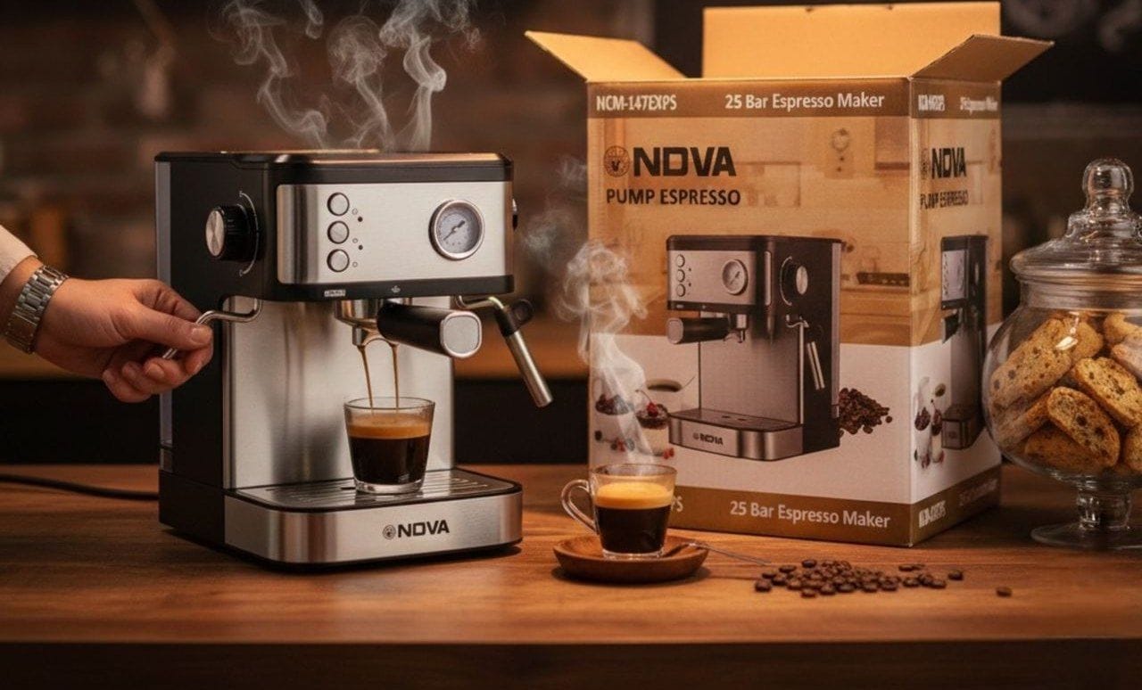 آف ✨ اسپرسوساز NDVAمدل NCM-147 ✨  برند: NDVA اصل  پمپ ایتالیایی اصل ❌️147❌️  رنگ: استیل شیک و مقاوم  نوع دستگاه: اسپرسوساز دستی 🔥 توان مصرفی: 1250 وات 💨 فشار بخار قدرتمند: 25 بار 💧 ظرفیت مخزن آب: 1.6 لیتر (قابل جدا شدن) ☕ قابل استفاده با پودر قهوه 🥛 مجهز به سیستم کاپوچینوساز و نازل بخار قابل تنظیم ☁️ قابلیت تولید کف شیر حرفه‌ای 🍵 نوشیدنی‌های قابل تهیه: اسپرسو | کافه لاته | کاپوچینو | کف شیر ⚙️ سیستم دم‌آوری بویلر از جنس استیل ضدزنگ 👥 قابلیت آماده‌سازی 1 تا 2 فنجان همزمان 🔘 نوع کنترل: دکمه‌ای و چرخشی 📊 دارای عقربه فشارسنج  قیمت آف ۲۴ ساعته:7200 ثبت سفارش سریع